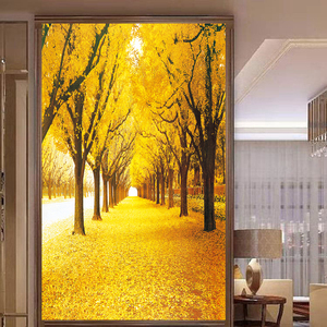 竖版自然风景秋天景色装饰画黄金大道发财树客厅卧室墙贴自粘壁画