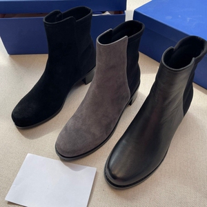 外贸原单sw秋冬新款5050方跟短筒真皮粗跟弹力瘦腿靴麂皮绒中跟靴