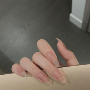 米色银闪星芒美甲贴加长圆甲型欧美风浅色穿戴甲成品假指甲片可卸