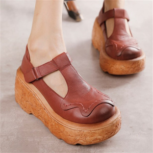 复古真皮坡跟手工单鞋女2022年春季新款牛皮厚底松糕底手工女鞋