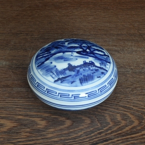 青花陶瓷印泥盒印池景德镇手绘山水仿古瓷器文房用品摆件印泥瓷盒