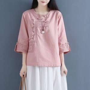 中国风五分袖t恤女衬衫高级感中袖唐装汉服夏季复古棉麻刺绣上衣