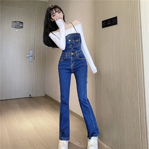 2021年港味复古chic抹胸吊带连衣裤高腰显瘦弹力牛仔微喇背带裤女