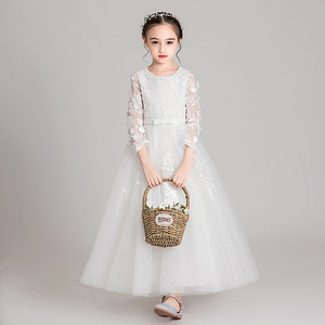 儿童礼服公主裙女童白色长袖小女孩花童婚礼主持人钢琴演出服高端
