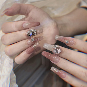 穿戴甲手工穿戴美甲豆沙粉镶钻长款显白轻奢假指甲定制成品美甲