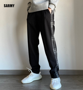 yeezy春季搭配椰子350白侧边格纹牛仔裤拼接休闲潮直筒裤男休闲裤