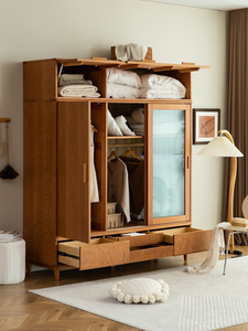 顾里家具/北欧日式家用卧室衣橱定制玻璃推拉门实木樱桃木大衣柜