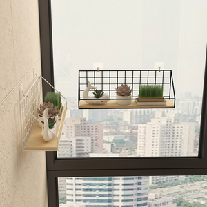 壁挂式玻璃植物置物架现代小木质铁艺免打孔阳台窗台墙上多肉花架