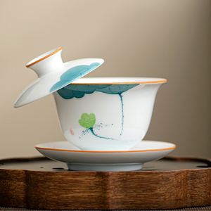 手绘羊脂玉三才盖碗可悬停泡茶白瓷单个悬浮敬茶茶杯陶瓷功夫茶具
