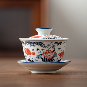景德镇青花瓷盖碗单个茶杯茶具大号功夫陶瓷泡茶碗三才盖碗手抓碗