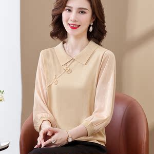 妈妈秋装洋气小衫中老年女春季薄款提花t恤40-50岁中年人针织打底