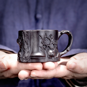 天然紫砂品茗杯中式小茶杯梅桩旅行个人杯复古带把主人杯ml釉下彩