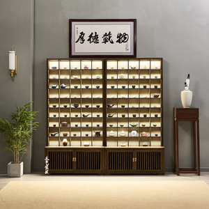新中式紫砂壶展示架实木茶杯茶壶收纳架榆木小物件摆放置物隔断柜
