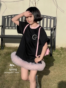 韩童装女童纯棉短袖T恤2024夏款新品中大童蕾丝花边裙子时髦个性