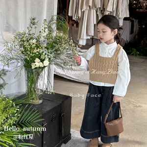 韩国版2024春款女童时髦复古白色衬衫针织吊带马甲洋气阔腿牛仔裤