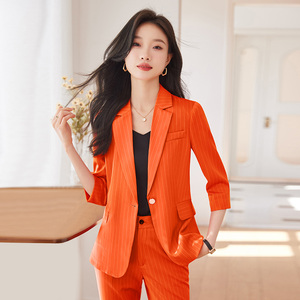 橙色西装外套女夏季薄款七分袖小个子高级感休闲职业正装工作服夏