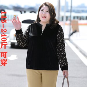 中年胖妈妈长袖t恤秋特大码女240斤加肥宽松显瘦遮肚洋气丝绒上衣