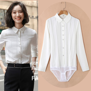 2021雪纺连体衬衫女长袖职业白色条纹带档连裤衬衣通勤经典基础款