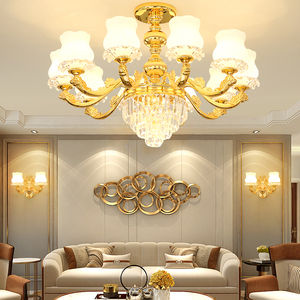 黄金色卧室灯欧式水晶客厅吊灯大气家用双色LED餐厅灯吸吊二用灯