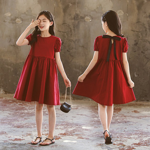 女童连衣裙夏装2022新款法式复古红色裙子洋气中大童公主裙礼服裙
