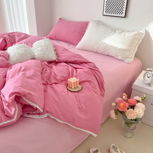 少女心奶油小清新宿舍三件套公主蕾丝花边双人网红博主风床单四件