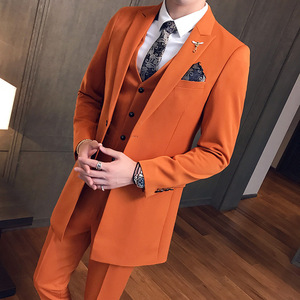 橙色中长款西服套装舞台演出服歌手新郎结婚免烫礼服西装三件套男