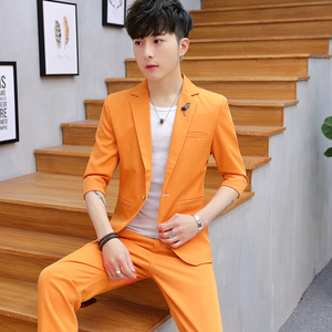 夏季薄款橙色中袖小西装新郎伴郎结婚西服套装男夜店主持人工作服