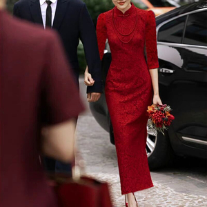 酒红色旗袍敬酒服2024新款新娘结婚小个子改良中式订婚礼服连衣裙