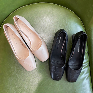 香香莉品牌女鞋春方头粗跟软面浅口复古百搭韩版单鞋59065