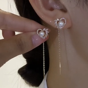 S925银针气质微镶锆石心形珍珠耳环耳线女轻奢小众设计感个性耳饰