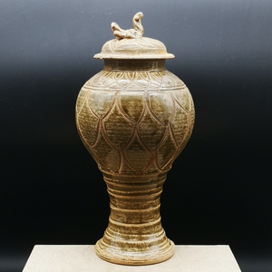 战国时期老窑瓷器耀州窑刻花凤头将军罐古瓷器古董收藏老物件摆件