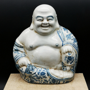 清光绪福建会馆款青花弥勒佛古董古董瓷器佛堂供奉老佛像收藏摆件