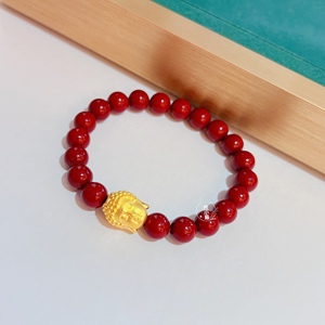 黄金佛头999足金朱砂手串金佛头转运珠手饰礼物本命年手链男女款