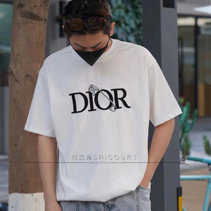 dior/迪奥 22ss胸前别针刺绣回形针字母logo休闲圆领短袖男t恤女