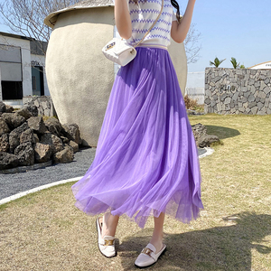 七月的媛媛2022新款网纱紫色高腰垂感百褶中长显瘦大摆仙女半身裙