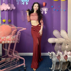 佐寒梦璐宁佐寒同款春夏新款性感长袖紫红撞色初学者练功服东方舞