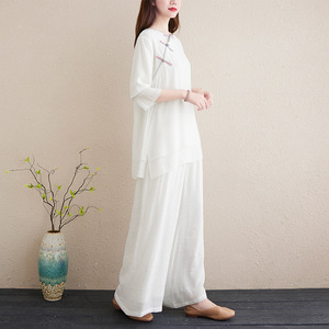 春夏季中国风复古棉麻女装禅意茶服白色汉服居士服中式文艺两件套