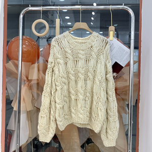 韩国22早秋镂空针织毛衣女套头圆领慵懒甜美长袖薄款羊毛套衫上衣