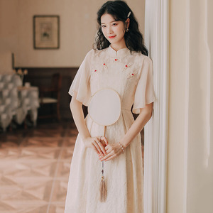 民国风旗袍改良连衣裙女装早春季2022年新款蕾丝复古长袖裙子汉服