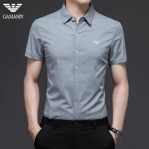 奇 阿玛尼亚短袖衬衫男式夏季冰丝半袖格子寸衫高端商务男士衬衣