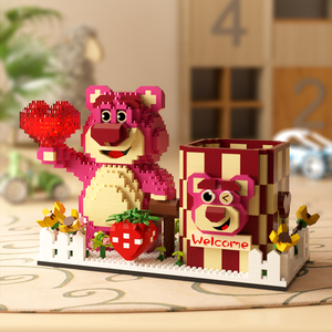 积木草莓熊乐高女孩系列笔筒拼图微小颗粒拼装益智玩具摆件新年礼
