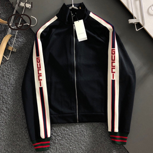 代购gucci/古驰秋冬夹克男女款经典字母织带拼接黑色休闲运动外套