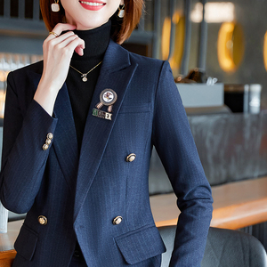 蓝色条纹西装套装女春秋高级感酒店工作服律师面试正装双排扣西服