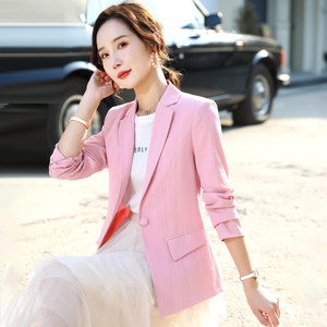 粉色暗条纹小西装外套女春秋气质修身上衣正装女神范职业西服套装