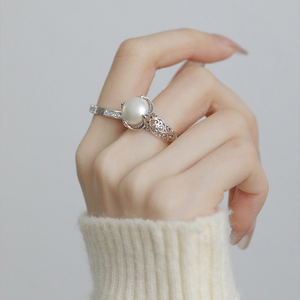 s925纯银珍珠镂空戒指女2023年新款小众设计感时尚个性开口食指戒