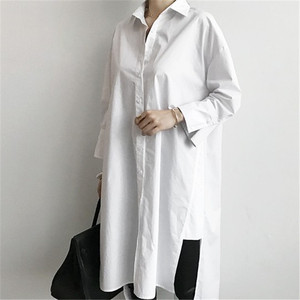 韩范春夏新款女bf男友风过膝衬衣超长款宽松大款加长版长袖衬衫裙