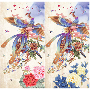 玄关墙画吉祥金凤凰牡丹花壁画走廊过道背胶自粘挂画竖版贴画布画