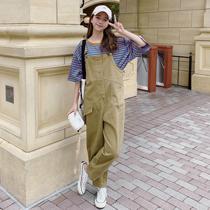 卡其色背带裤女2022春季新款宽松韩版休闲小个子学院风吊带直筒裤