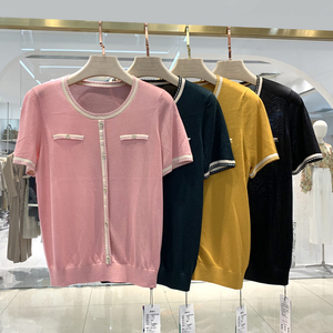 茜茜羽xy1425女装2022夏新款宽松圆领天丝针织衫百搭短袖套头上衣
