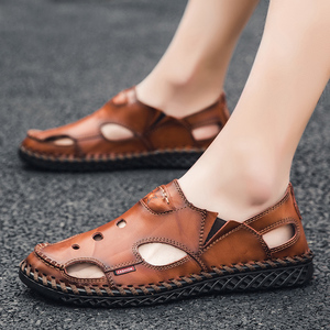 包头男士凉鞋夏季透气镂空洞洞凉鞋懒人一脚蹬牛皮户外防滑沙滩鞋